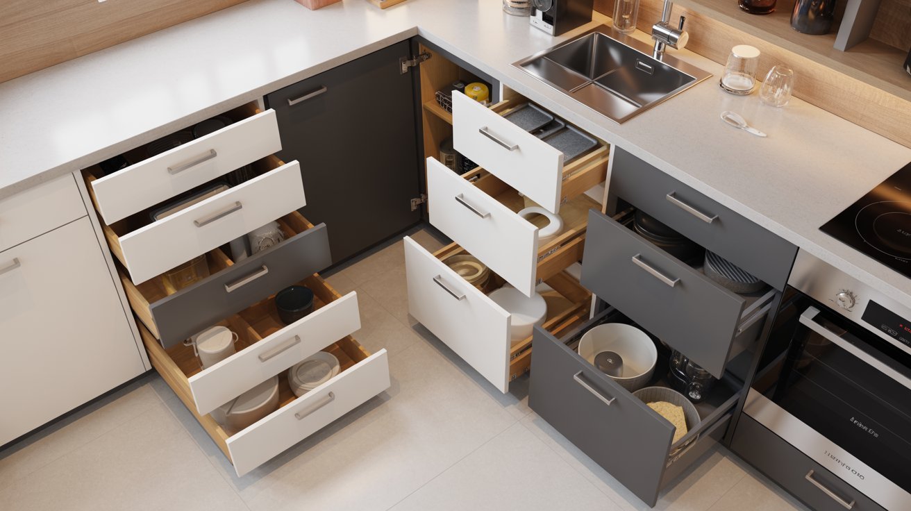 Functional kitchen interior with storage drawers and a sink for household chores.
