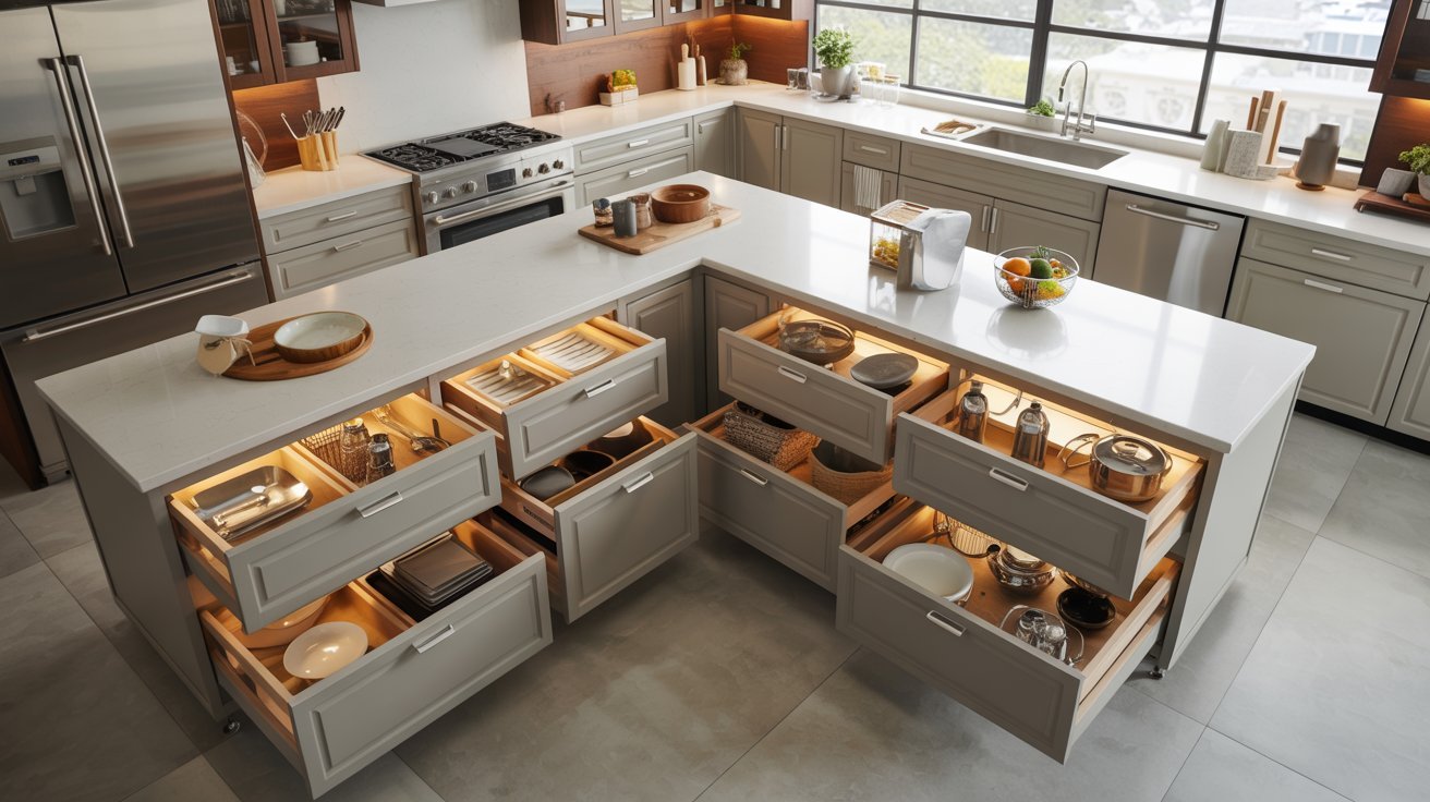 Kitchen with drawers and cabinets, providing ample storage space for cooking essentials.