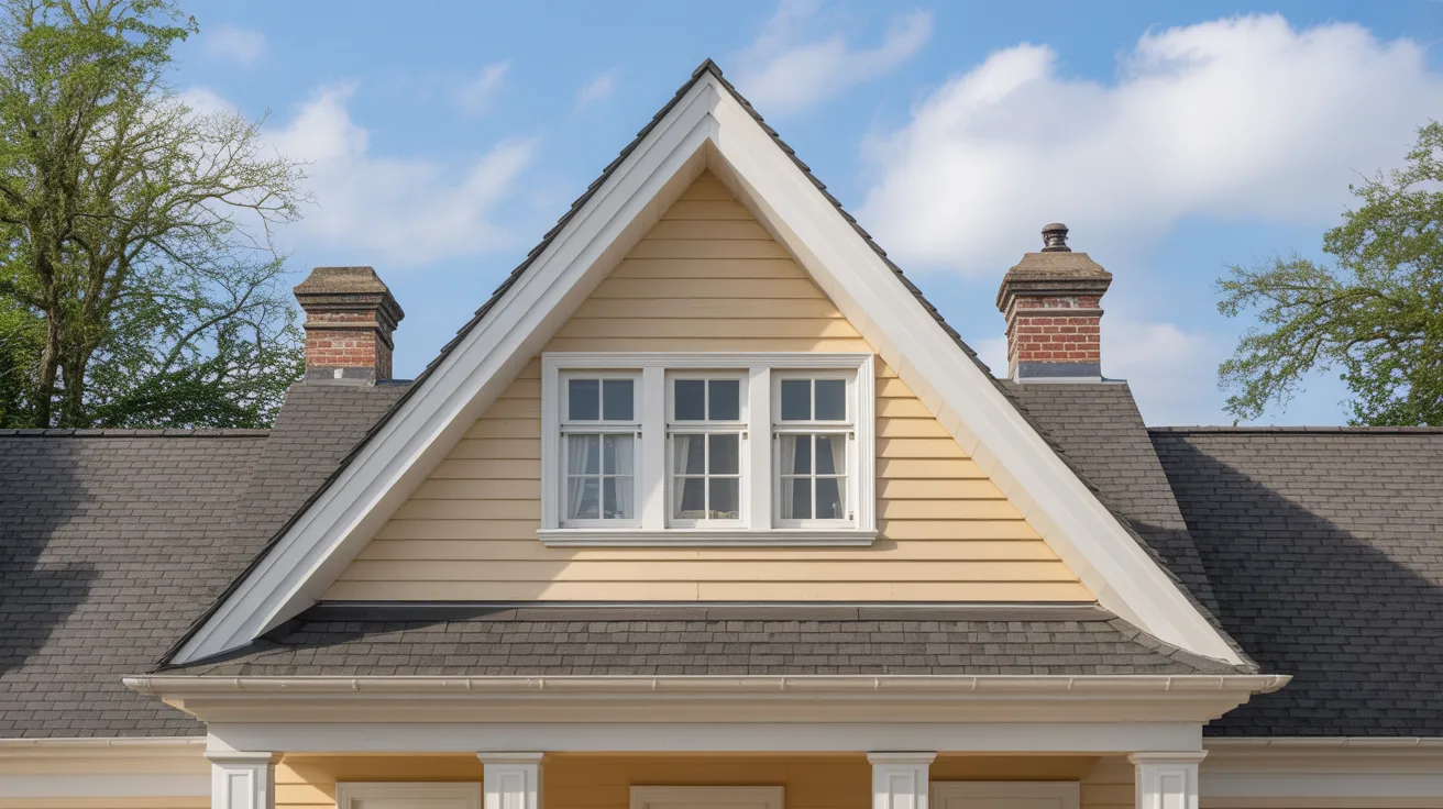 A gabled roof with a yellow siding attic, featuring three white windows and two brick chimneys, under a blue sky with scattered clouds.