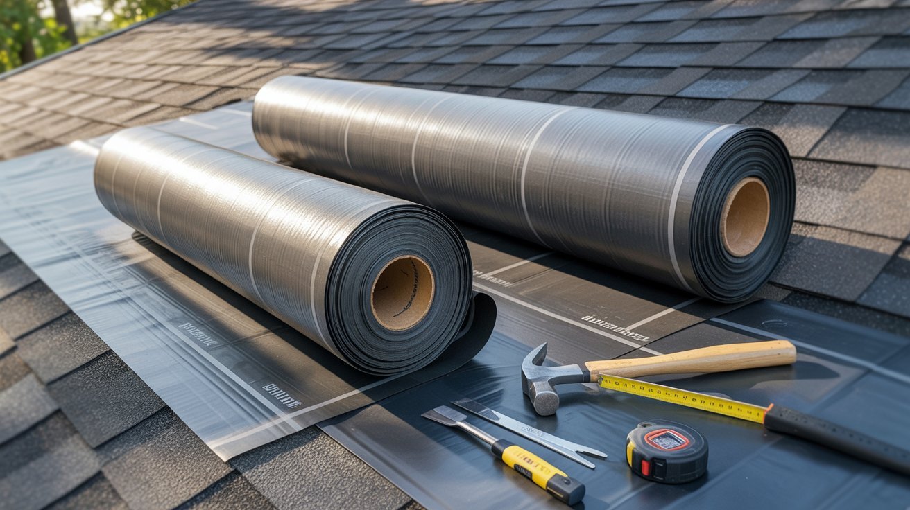Roofing materials, including various types of shingles and tiles, organized on the top of a residential building.