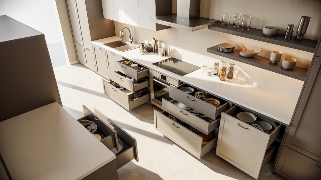 Modern kitchen with open cabinets and drawers revealing neatly organized pots, dishes, and cutlery. Bright, sleek, and minimalist design evokes efficiency.