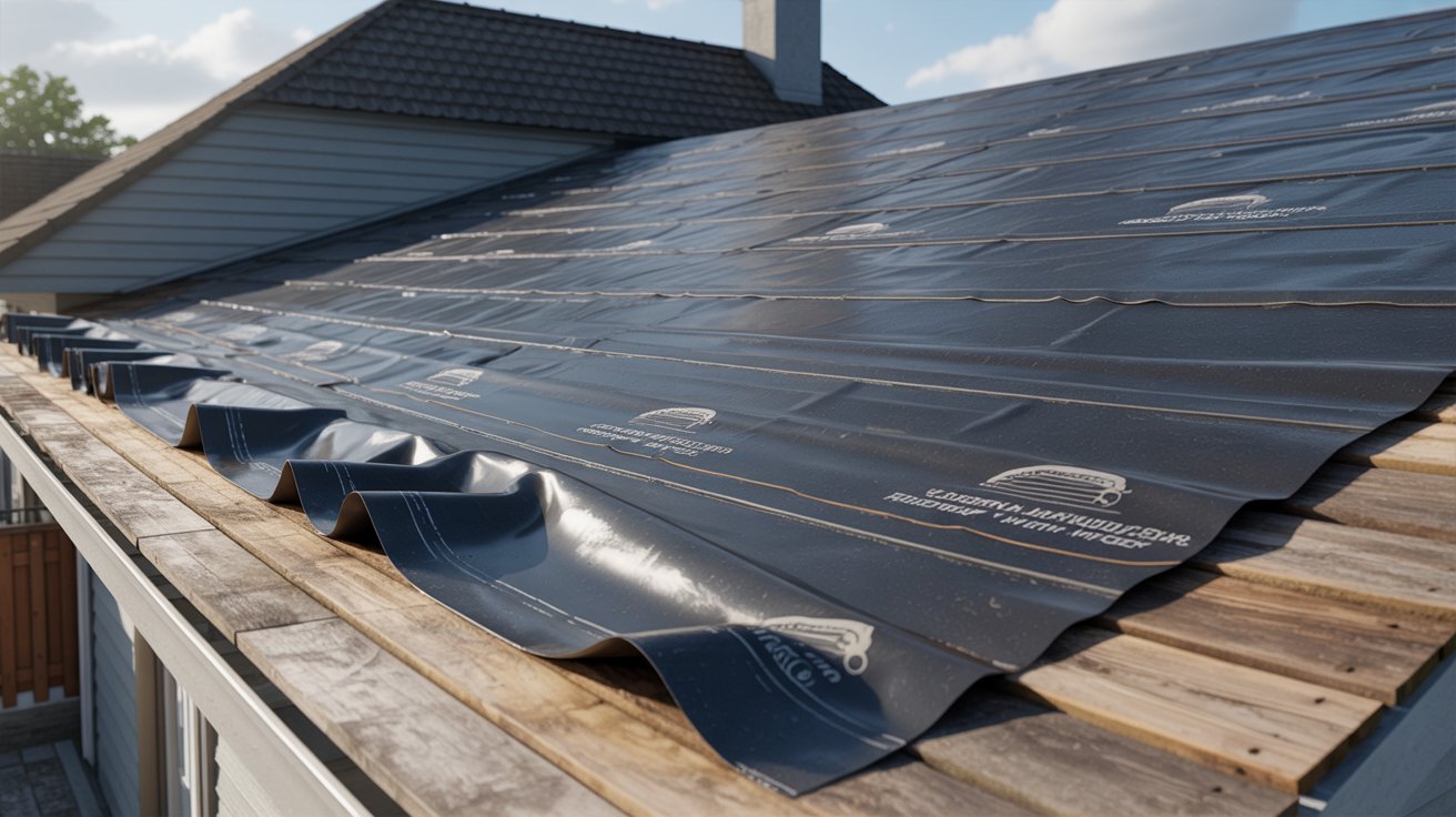 Roof with a protective tarp, suggesting temporary or emergency coverage.