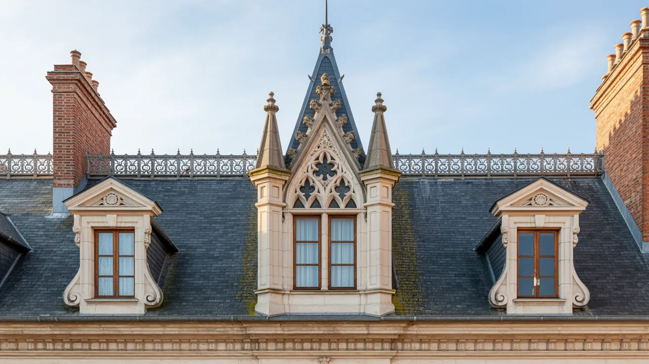 Ornate Gothic-style roof facade with intricate stonework, pointed arches, and decorative iron railing under a clear blue sky. Elegant and historic.