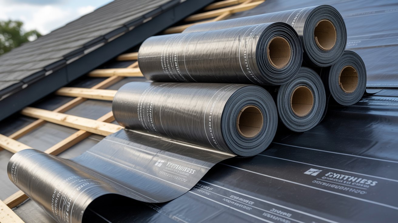 Roofing materials, including shingles and tiles, neatly stacked on a residential roof.