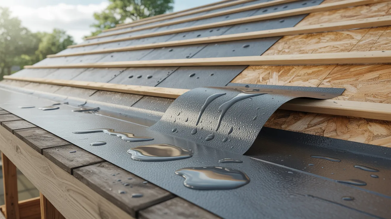 Roof with water running off its surface in a rainy scene.