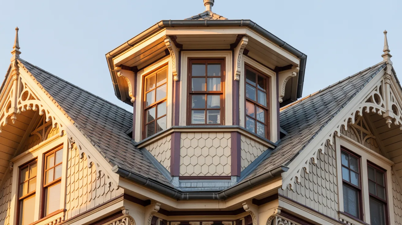 Close-up of a Victorian house roof at sunset. Features detailed woodwork, ornate trim, and hexagonal turret windows, exuding elegance and warmth.