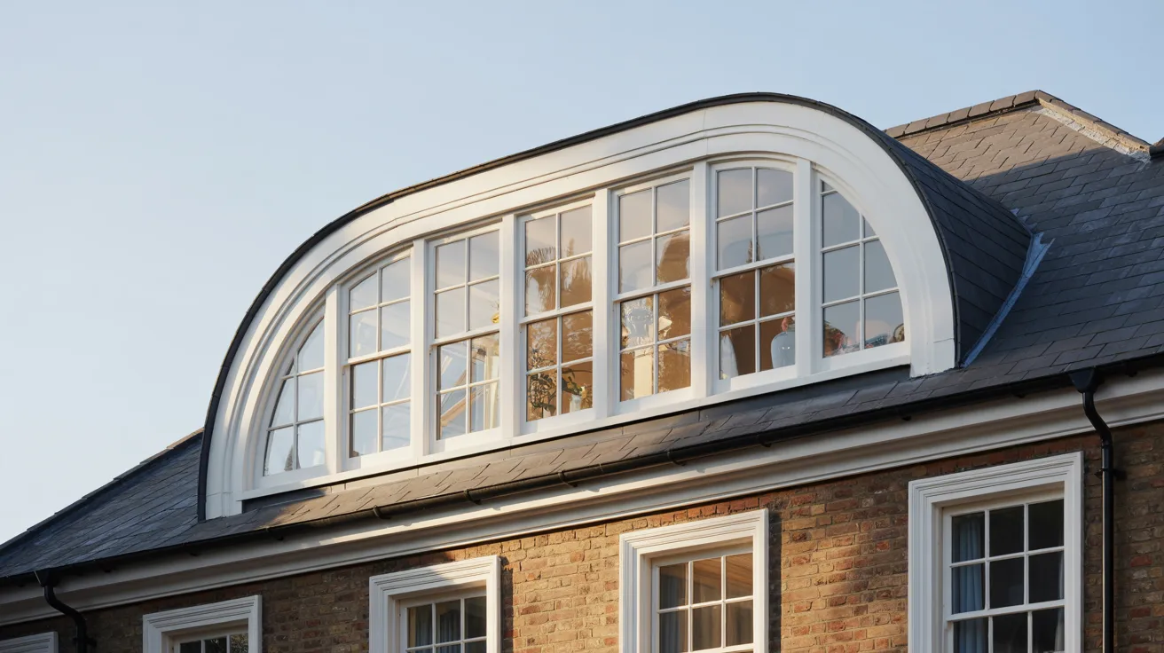 A classic brick house with a large, arched dormer window on the roof, reflecting sunlight. The scene conveys a warm and inviting architectural charm.