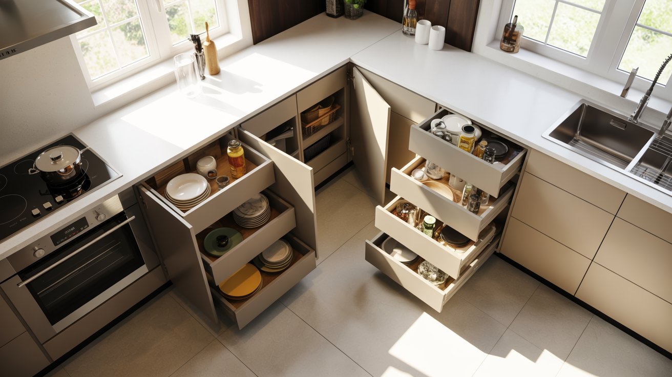 Modern kitchen with stainless steel appliances including sink, oven, and dishwasher.