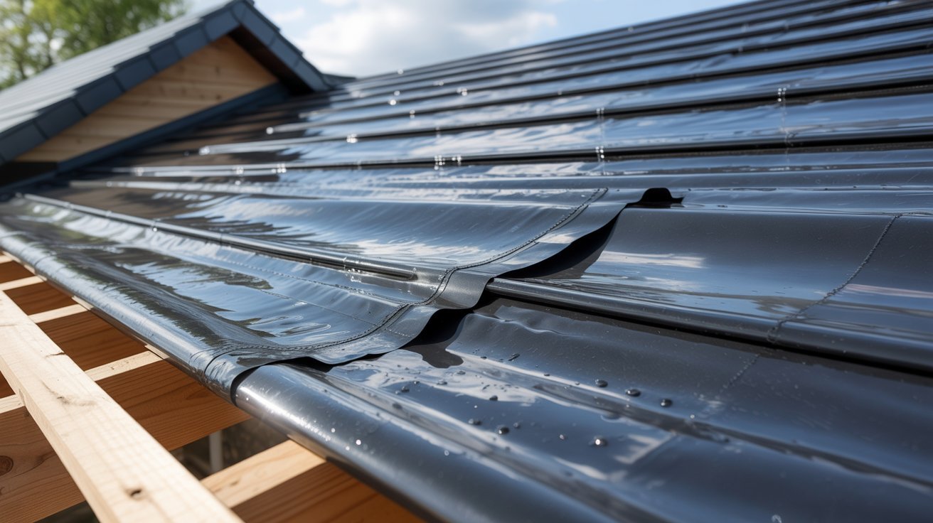 Black plastic sheet covering a roof.