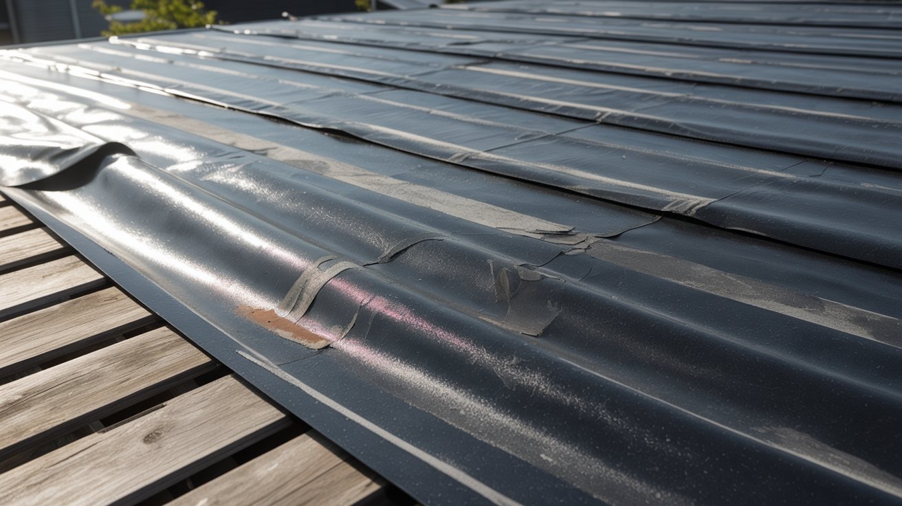 Roof covered with plastic sheeting, providing temporary shelter or protection.