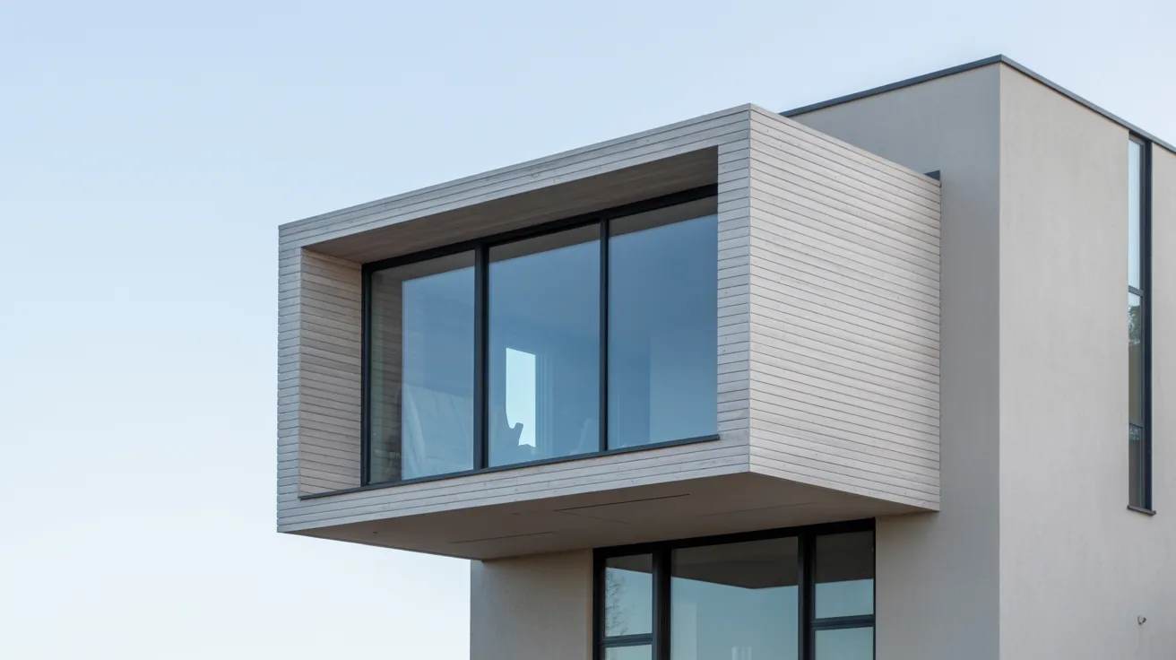 Modern cubic building with large, sleek, reflective glass windows. The minimalist design is framed by neutral-toned panels against a clear sky.