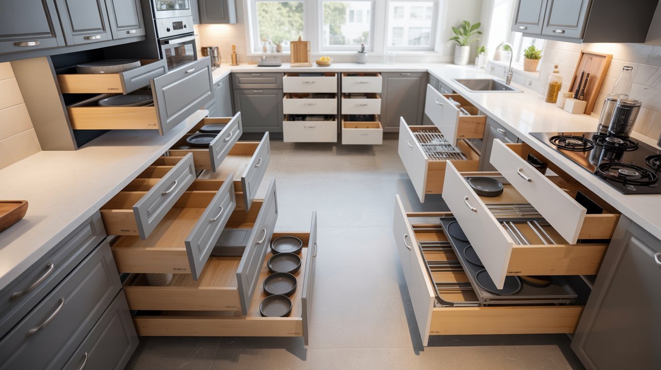 Modern kitchen with open grey cabinets and drawers revealing organized storage for dishes, pans, and kitchenware. Bright, sleek, and inviting space.