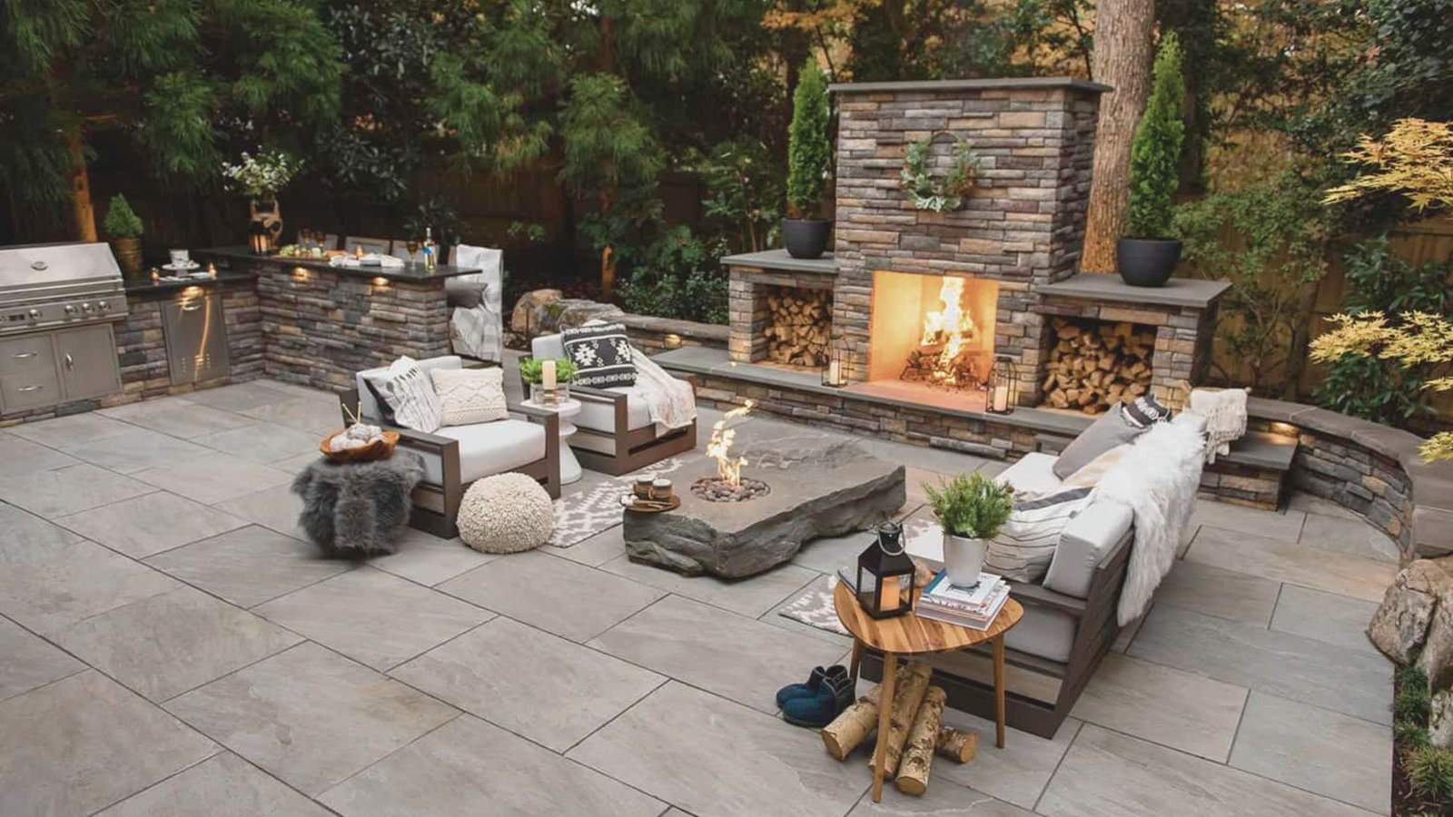 3. Stone Outdoor Fireplace with a Modern Twist
