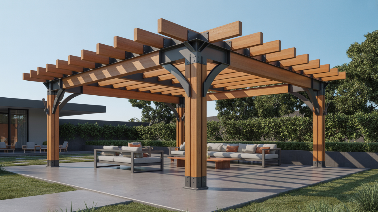 Mixed Material Pergola with Metal Accents