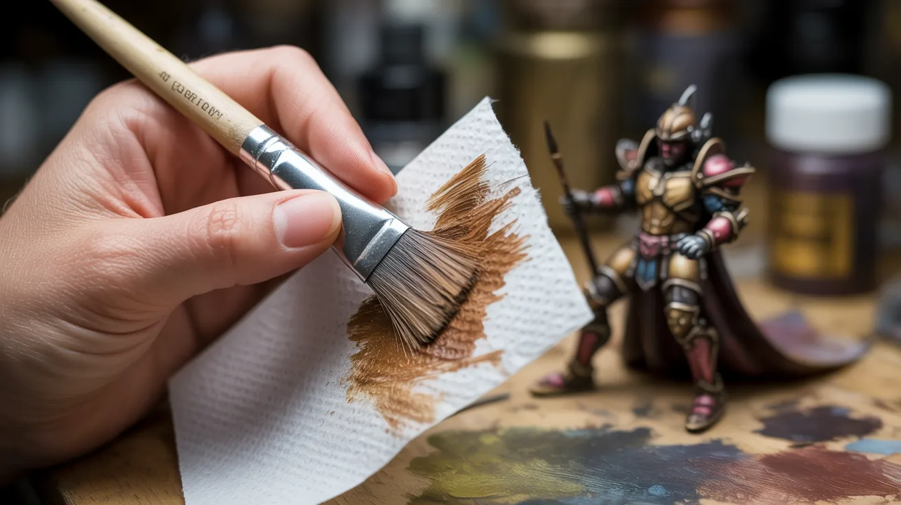 A person carefully paints a miniature with a brush, ensuring the brush is nearly dry for optimal highlighting results.