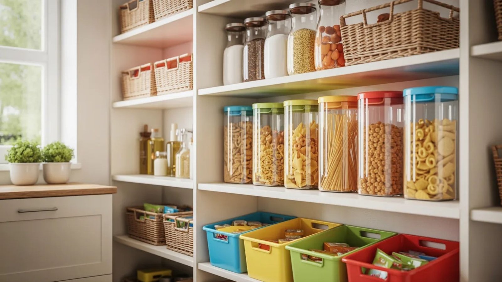 A well-organized pantry filled with containers and food, featuring low shelves for easy access by children and family-friendly design.