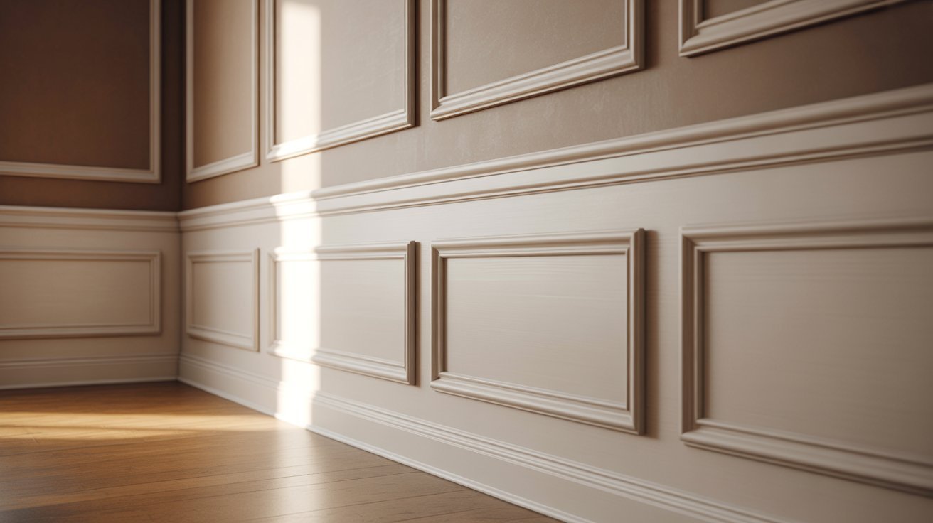 A warmly lit room featuring elegant wood paneling and sunlight streaming through a window, highlighting the wainscoting.