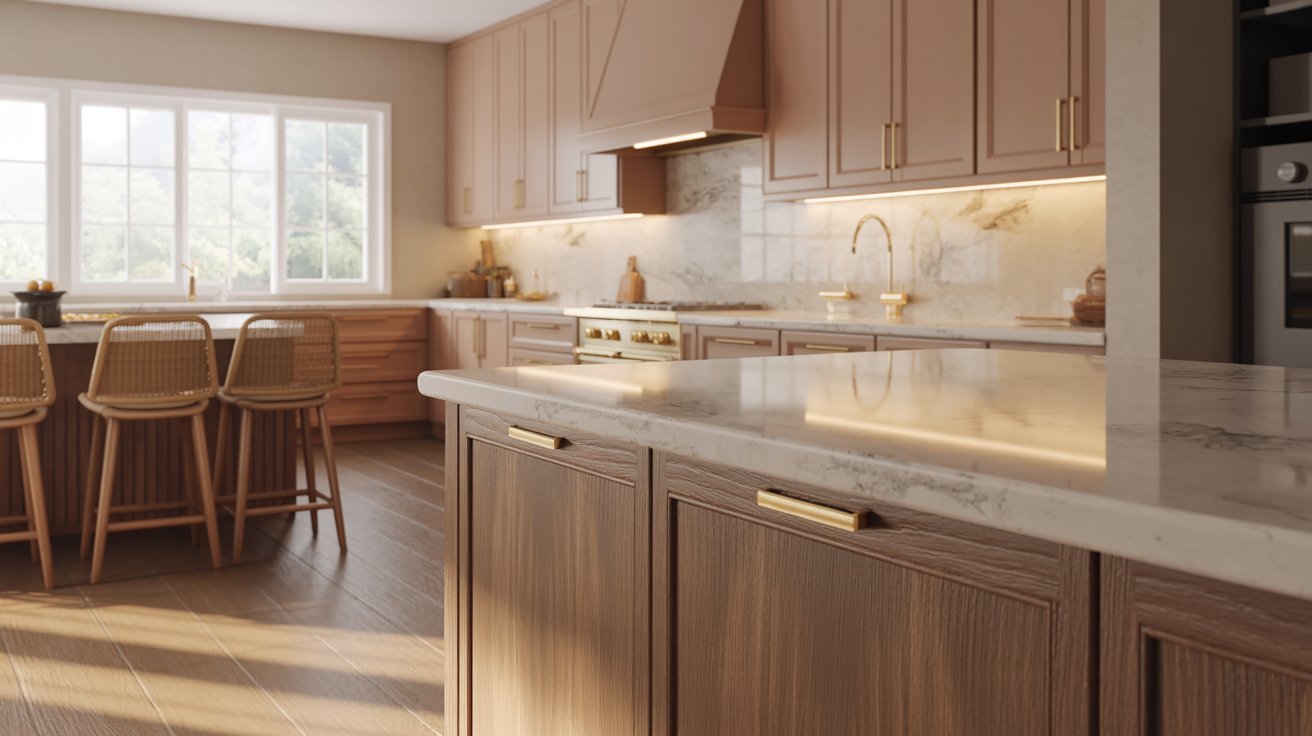 A modern kitchen featuring a sleek marble countertop and graceful wooden cabinets.