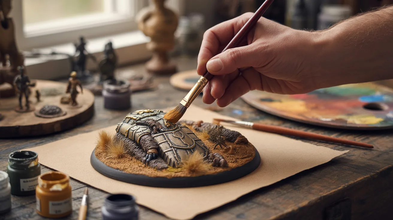 A person applies paint to a miniature tank, illustrating the dry brushing technique for achieving clean highlights efficiently.