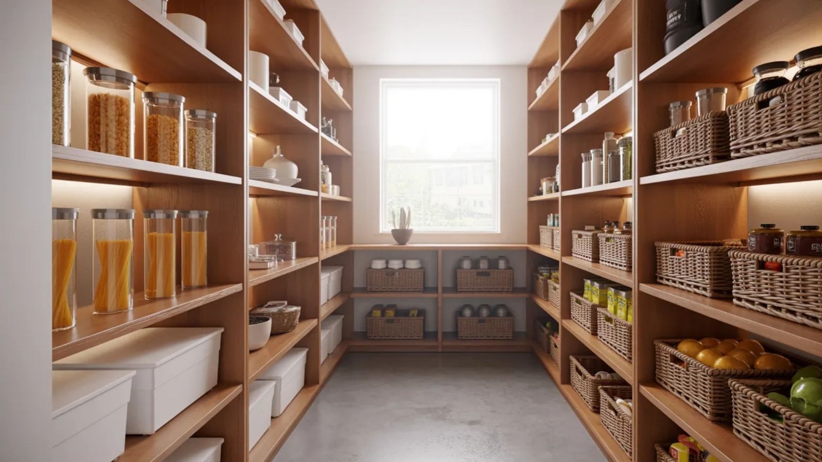 A spacious walk-in pantry with narrow shelves and baskets, designed for efficient storage and quick visibility of items.