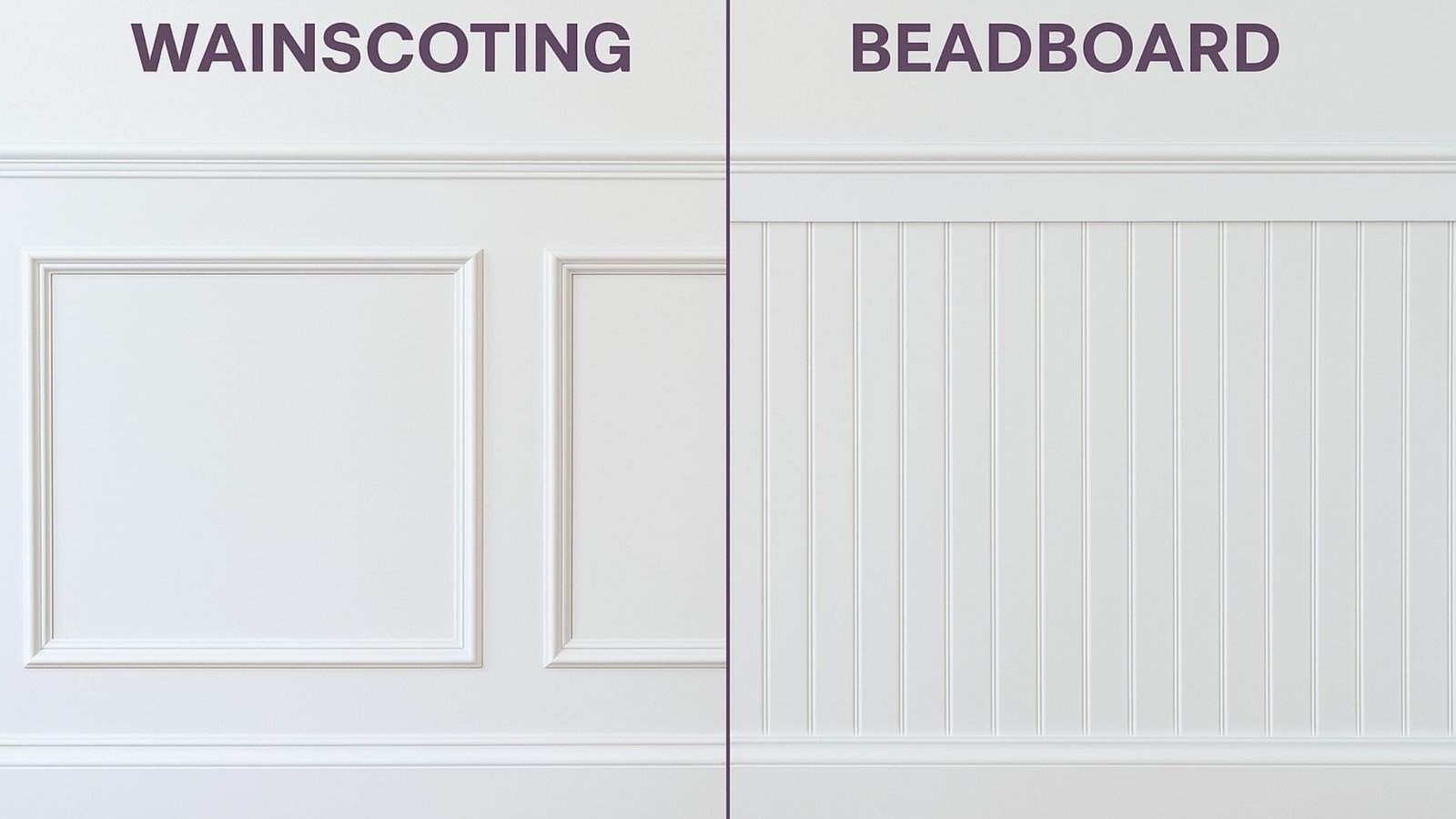 Two images comparing beadboard and wainscoting wall paneling styles side by side.