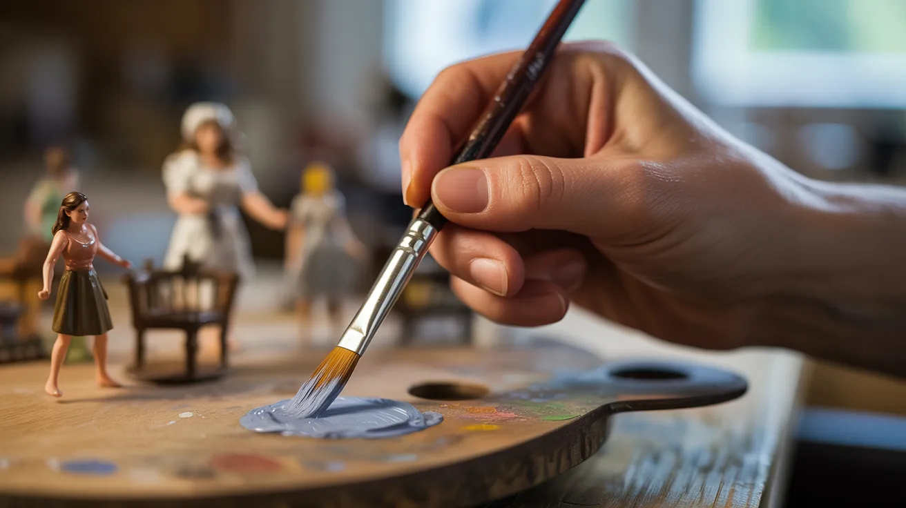 A person carefully paints miniature figures, holding a brush with just the tip dipped in paint for precise detailing.