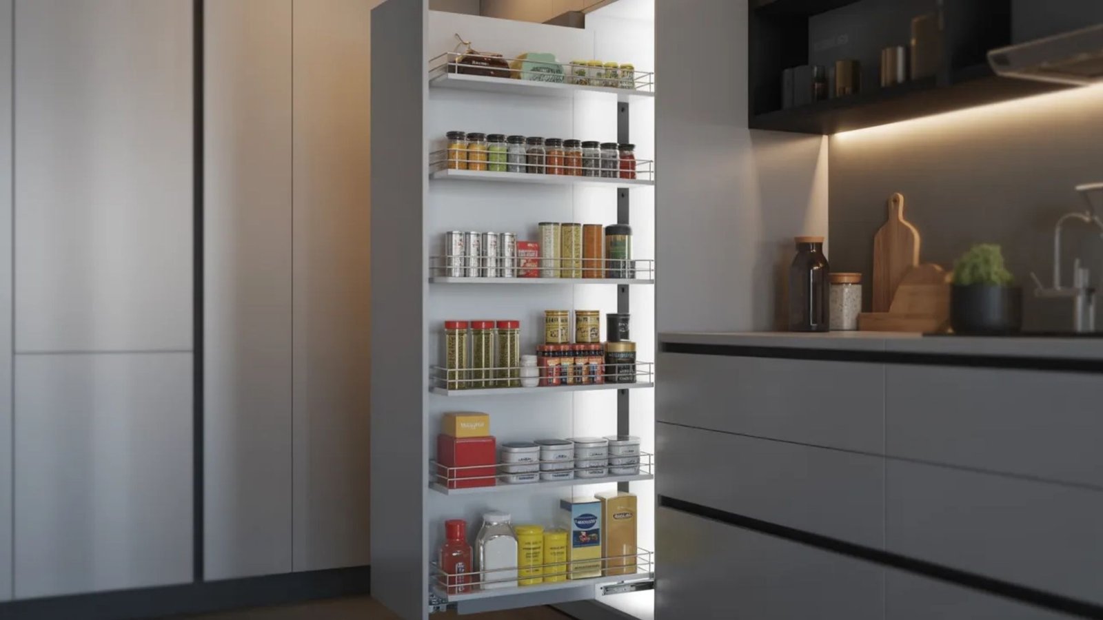 A kitchen with a tall shelf displaying diverse items, illustrating efficient storage ideas for compact pantry spaces.