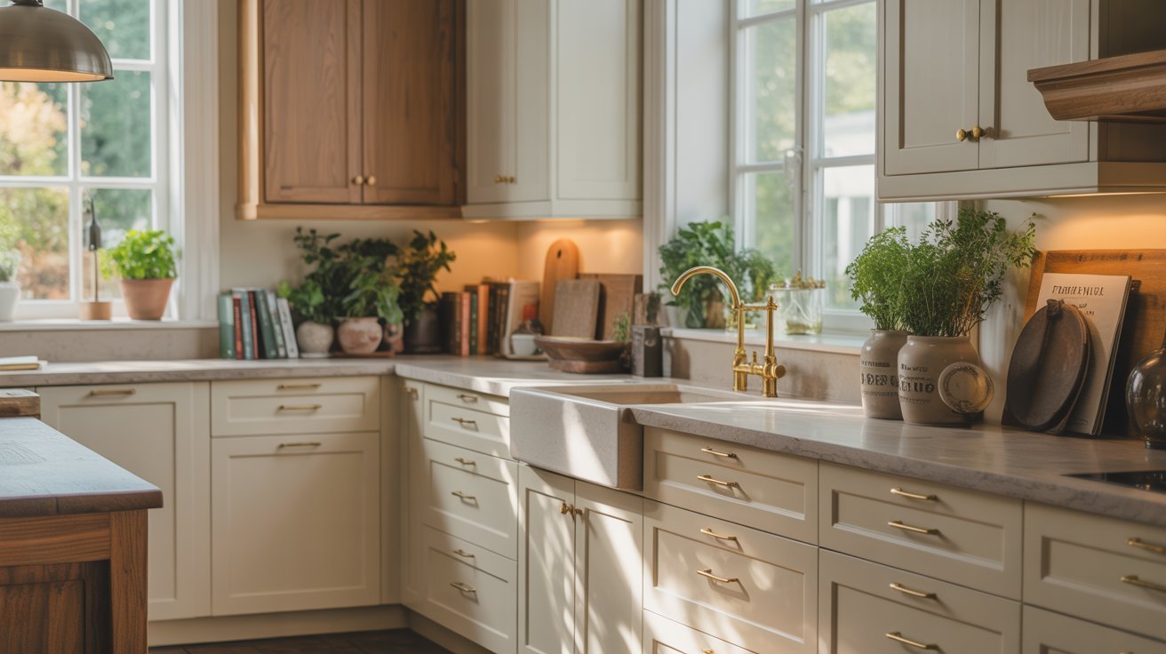 A modern kitchen featuring white cabinets and warm wooden countertops, creating a bright and inviting atmosphere.