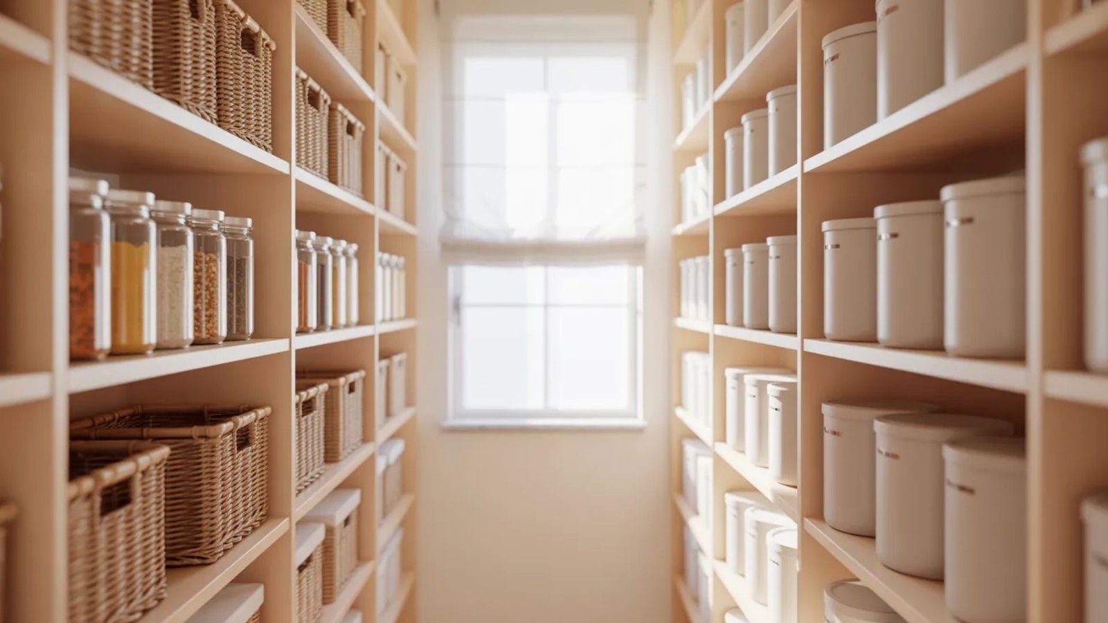 A narrow pantry featuring shelves stocked with jars and containers, illustrating an organized pantry design.