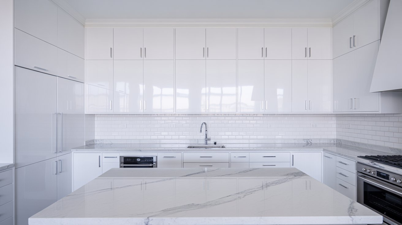 A bright white kitchen featuring graceful marble countertops and sleek white cabinets.