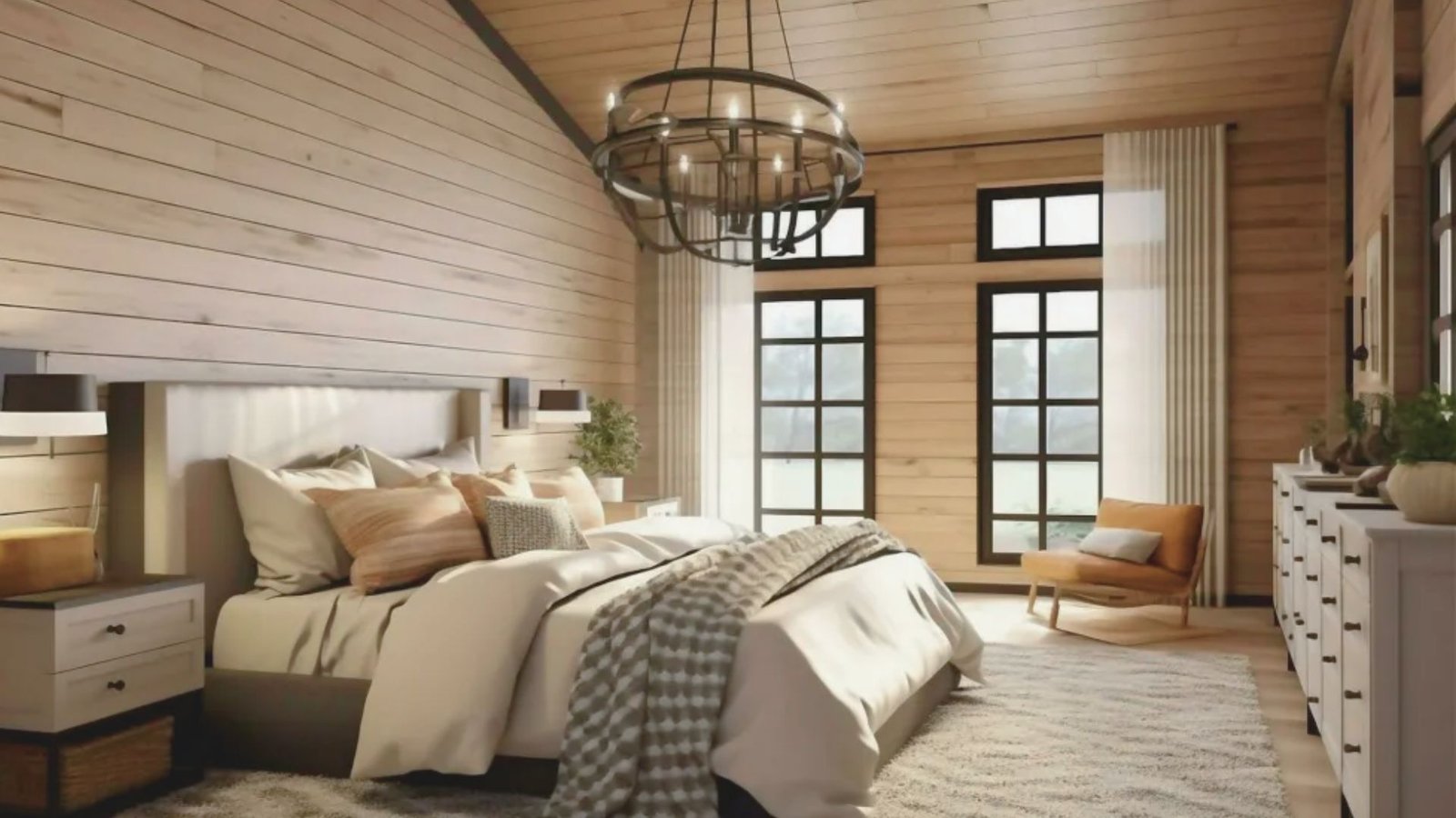 A stylish bedroom with rich wood paneling and a chandelier, highlighting the contrast between beadboard and wainscoting on the ceiling.