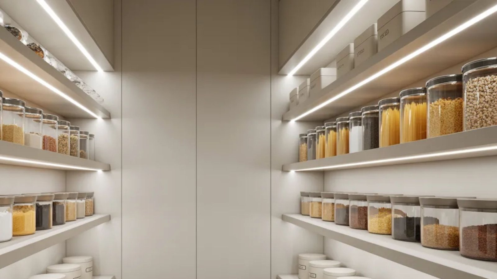 A modern pantry featuring sleek shelves filled with various food items, showcasing a minimalist and organized design.