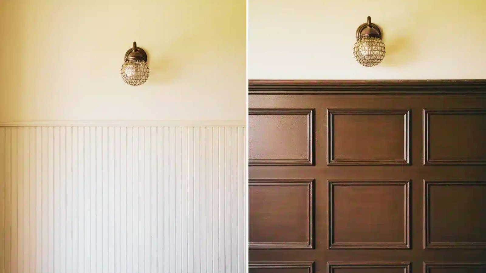 Side-by-side images of a room highlighting the upgrade from beadboard to wainscoting wood paneling.