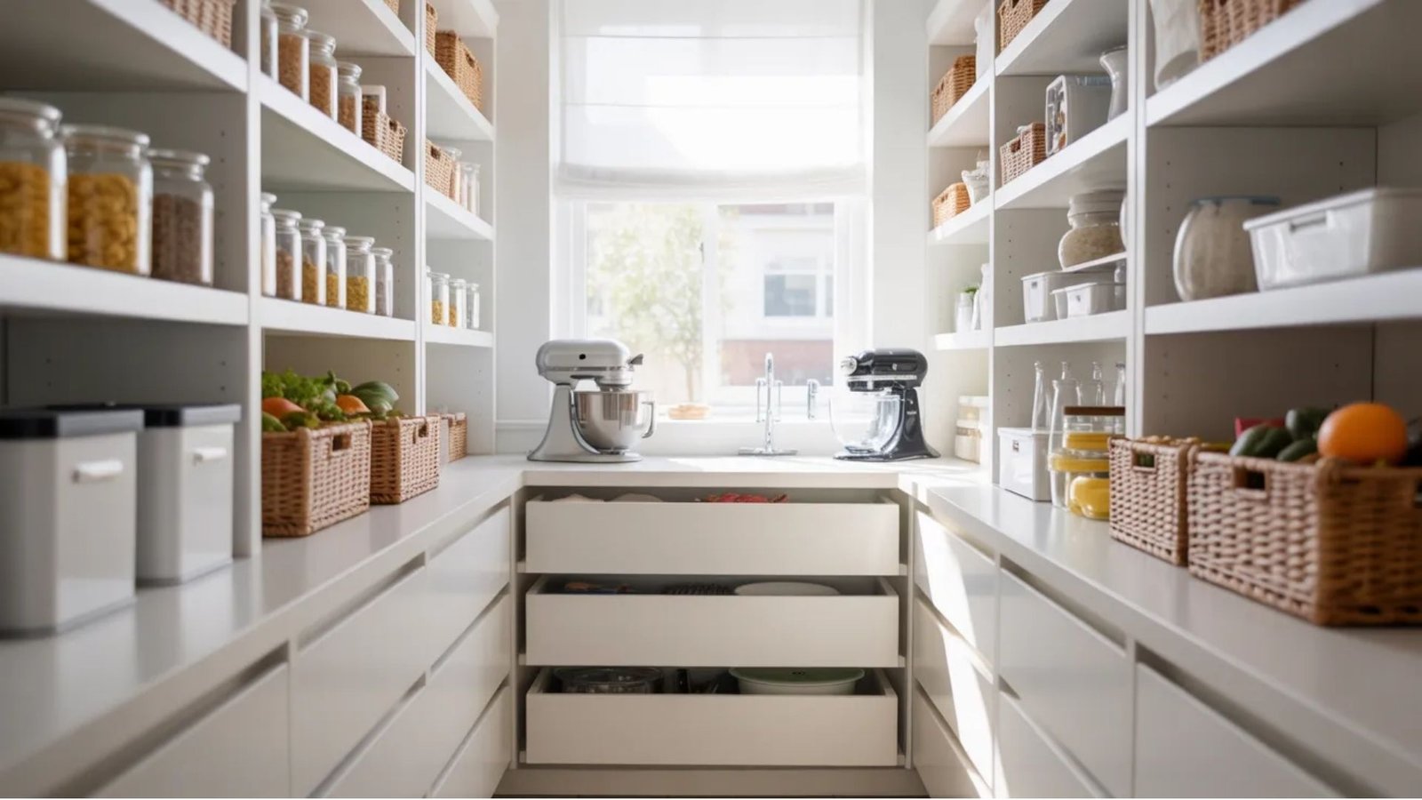 A well-organized kitchen pantry featuring white cabinets and woven baskets for efficient storage and easy access to items.