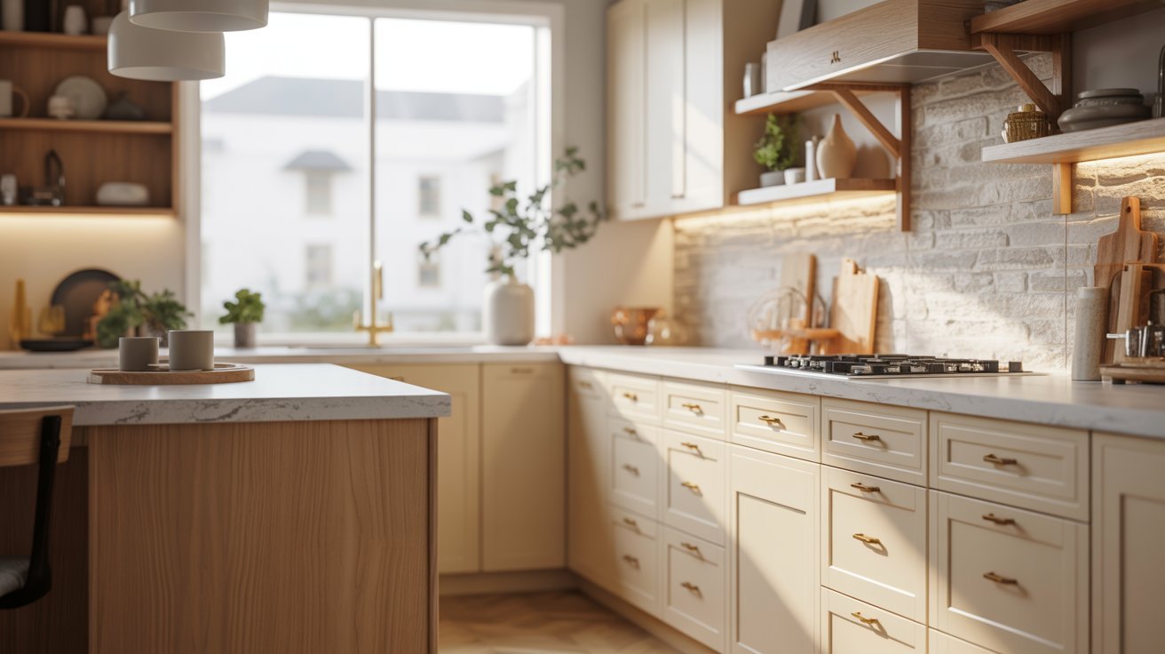 A modern kitchen featuring white cabinets and warm wooden floors, creating a bright and inviting atmosphere.