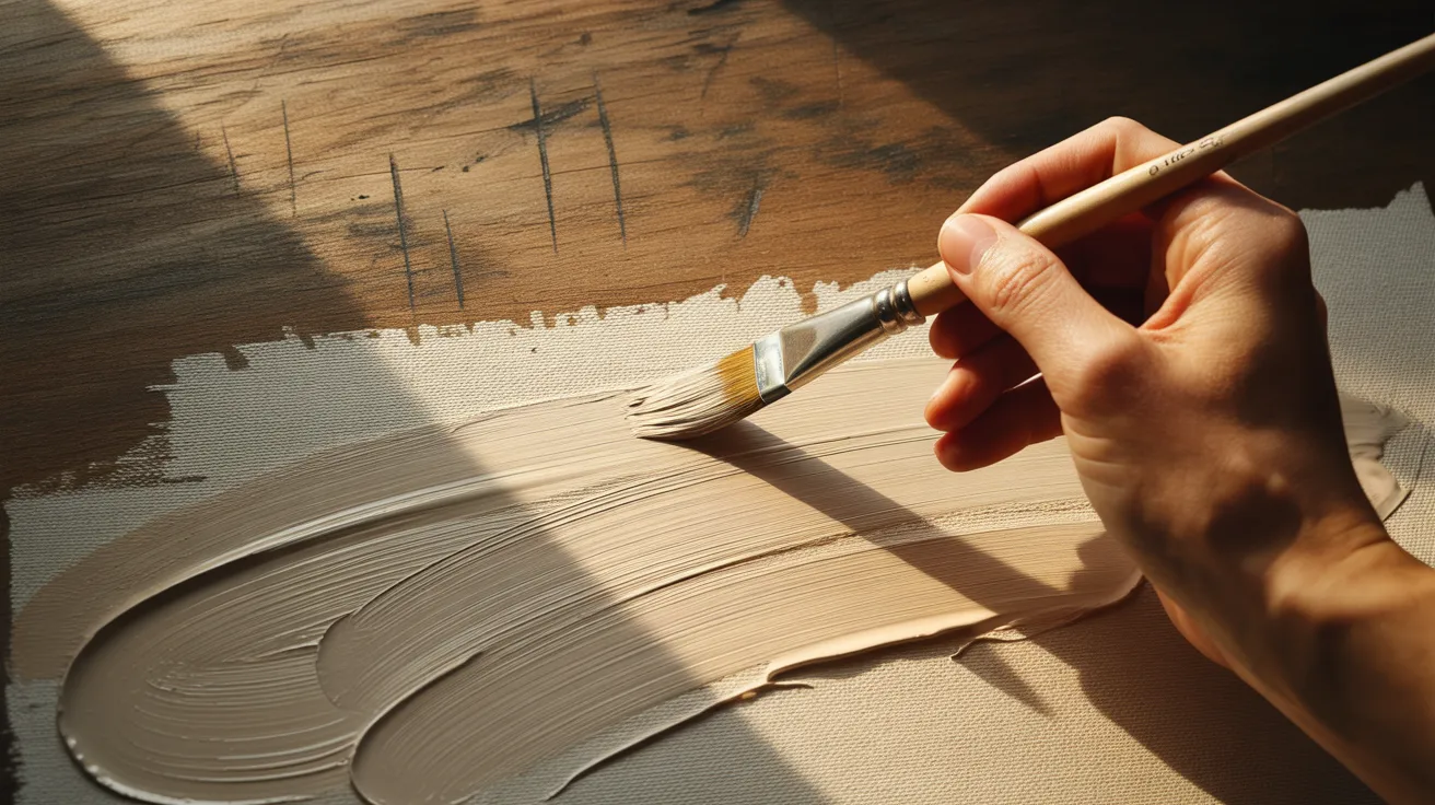 A person holds a paintbrush, applying light strokes on a wooden surface, following the grain for a textured finish.