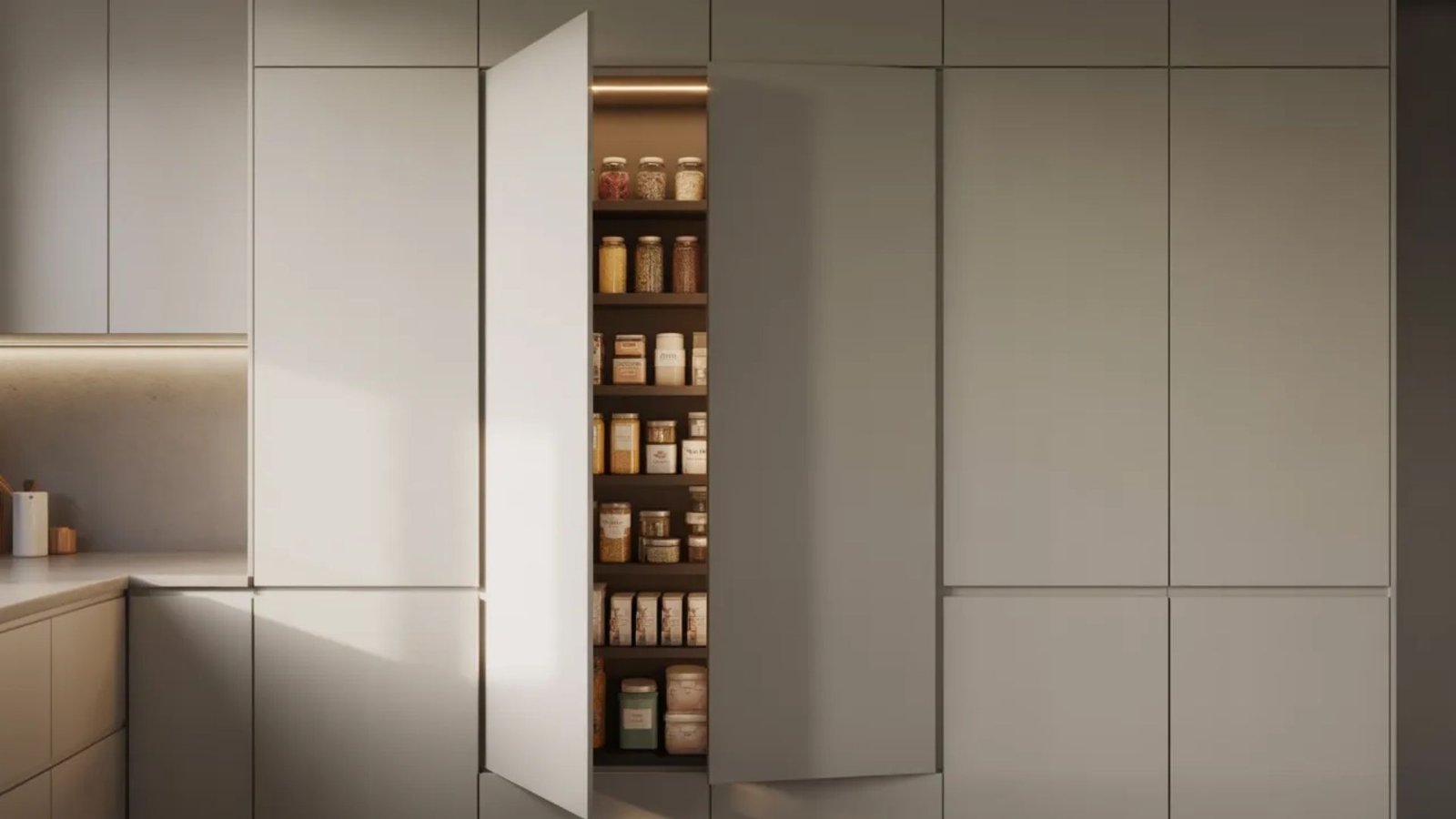 A contemporary kitchen with an open pantry door, highlighting a stylish built-in pantry that offers efficient storage solutions.