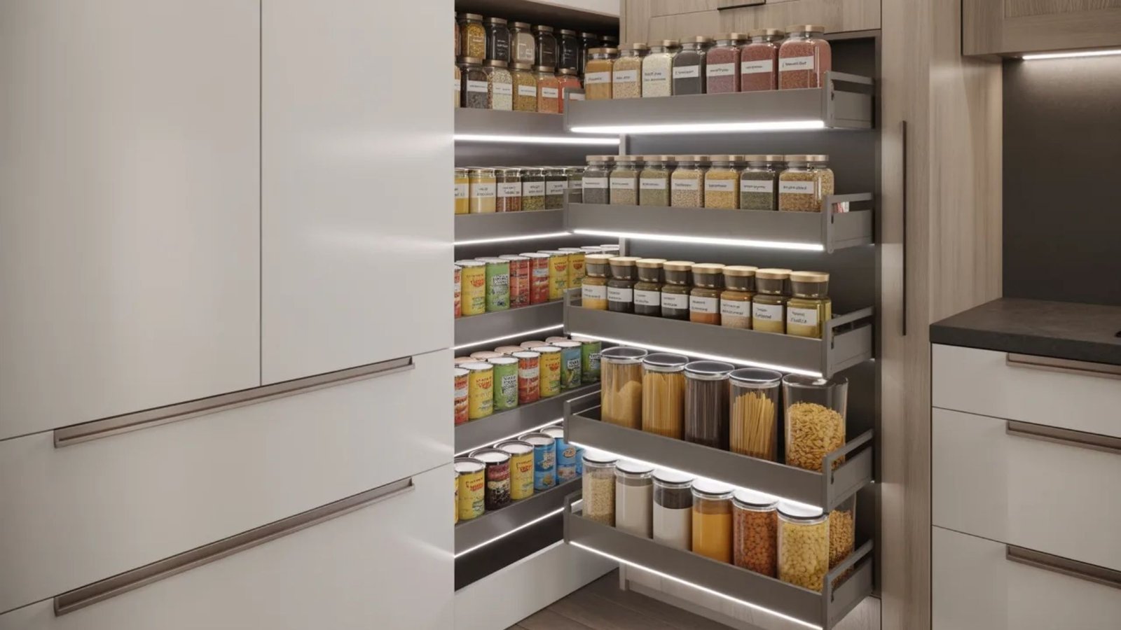 Modern kitchen featuring a functional pantry with pull-out shelves for easy access and efficient storage solutions.