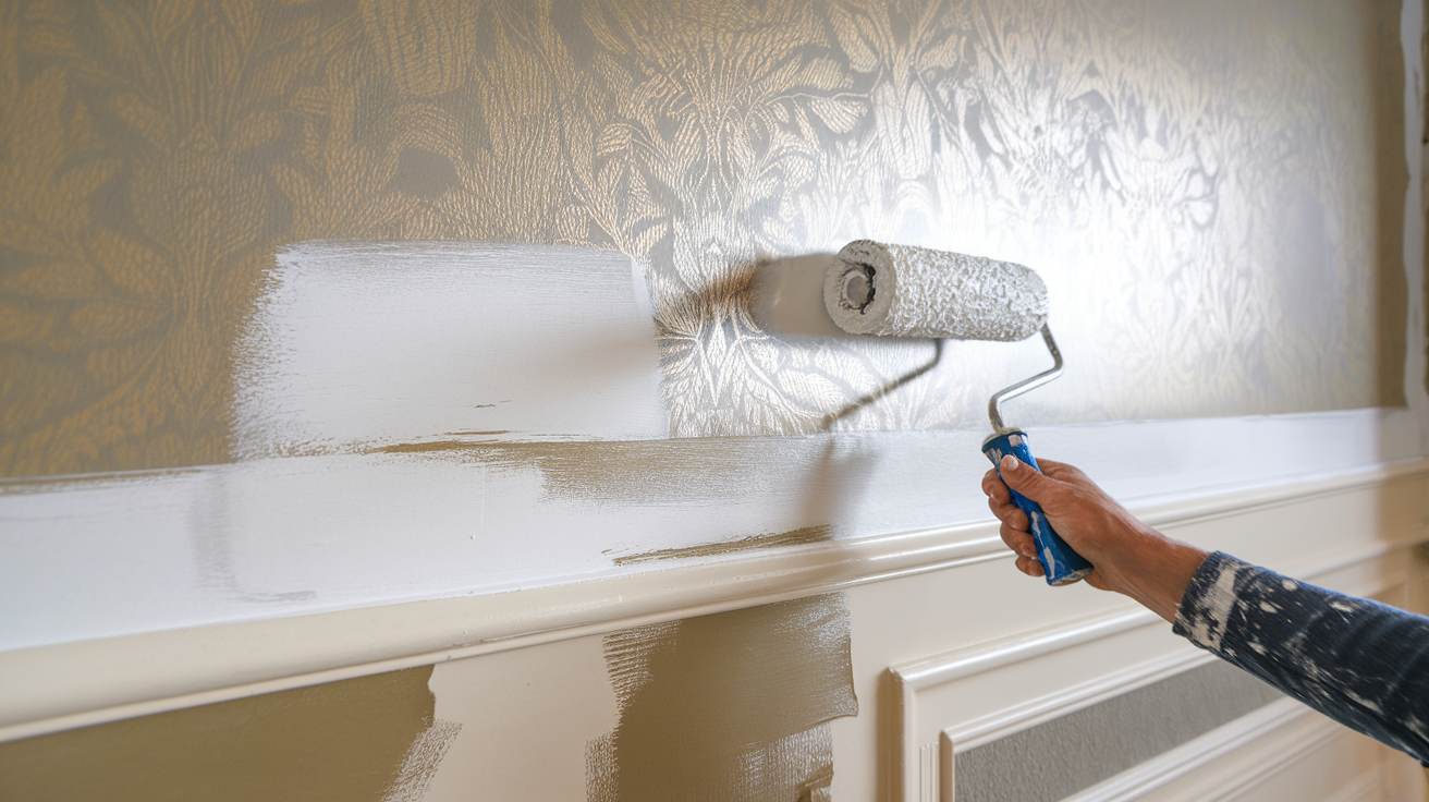 A person using a paint roller to apply color to a wall in a home improvement project.