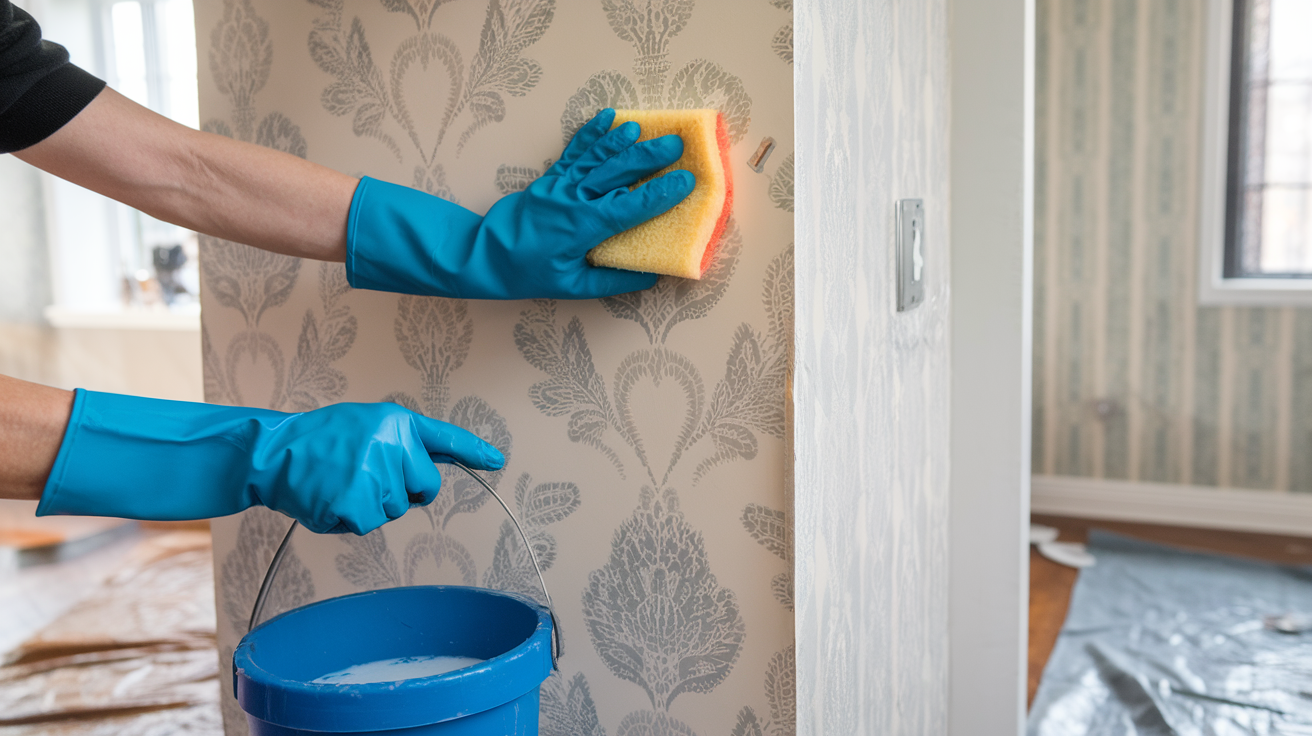 A person wearing blue gloves cleans a wall with a sponge, focusing on removing dirt and stains.