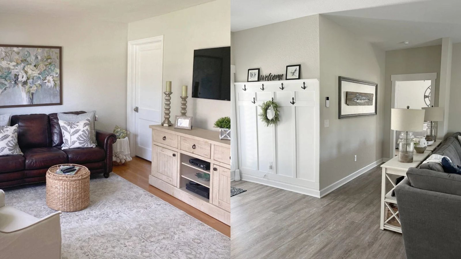 A cozy, modern living space with a dark leather sofa, floral painting, light wood TV stand, wicker ottoman, and neutral tones. Adjacent hallway features a “welcome” sign, wall hooks, and a wreath, exuding a warm, inviting ambiance.