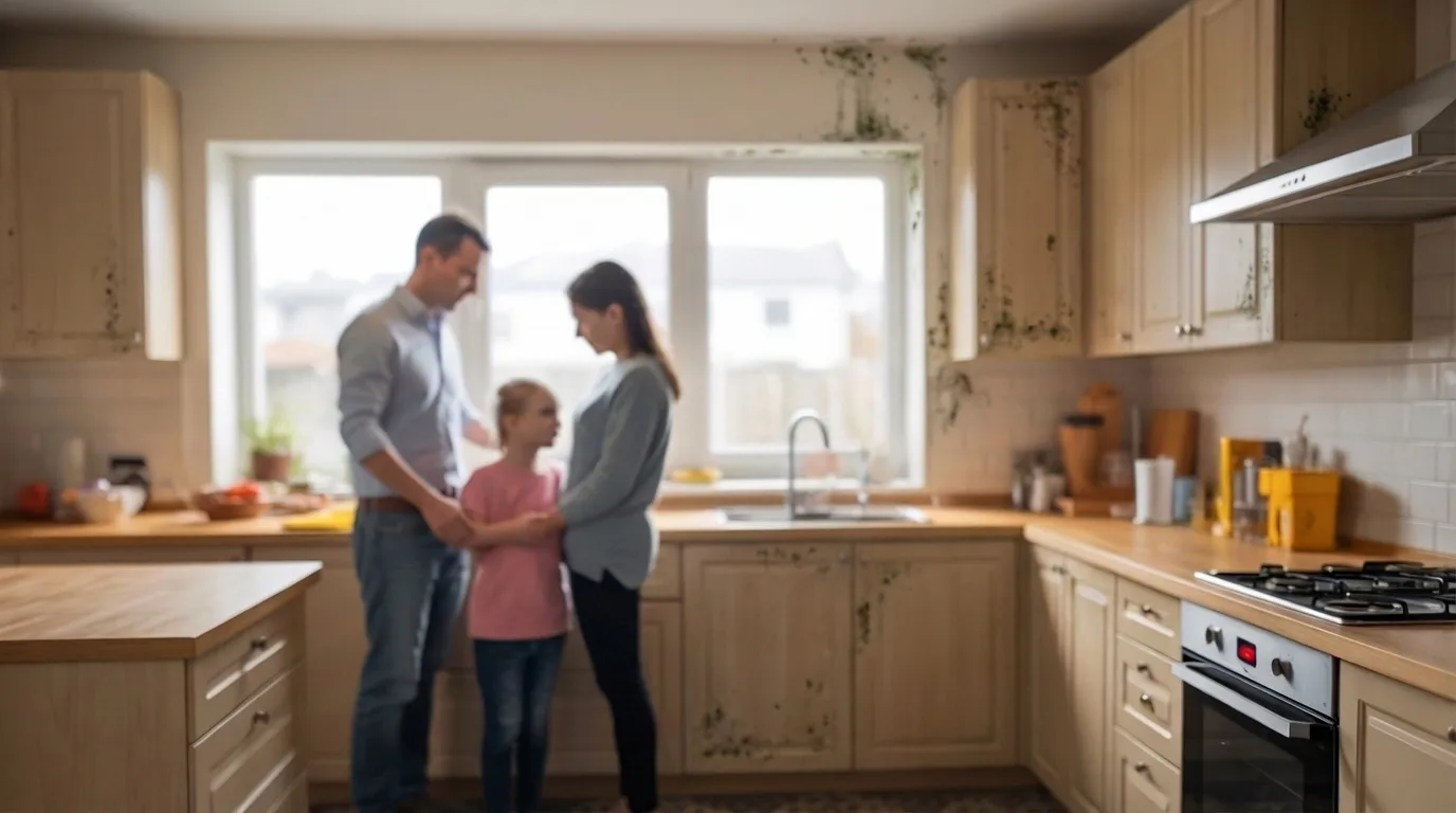 A family of three stands in a sunlit kitchen with moldy walls, expressing concern. The room features wooden cabinets and a modern stove.