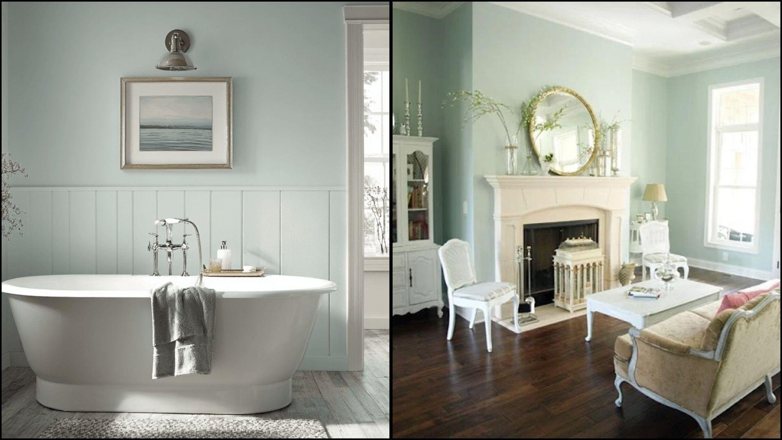 Split image of a serene bathroom and cozy living room. The bathroom has a freestanding tub against soft blue walls, while the living room features a fireplace, elegant furniture, and a warm ambiance.