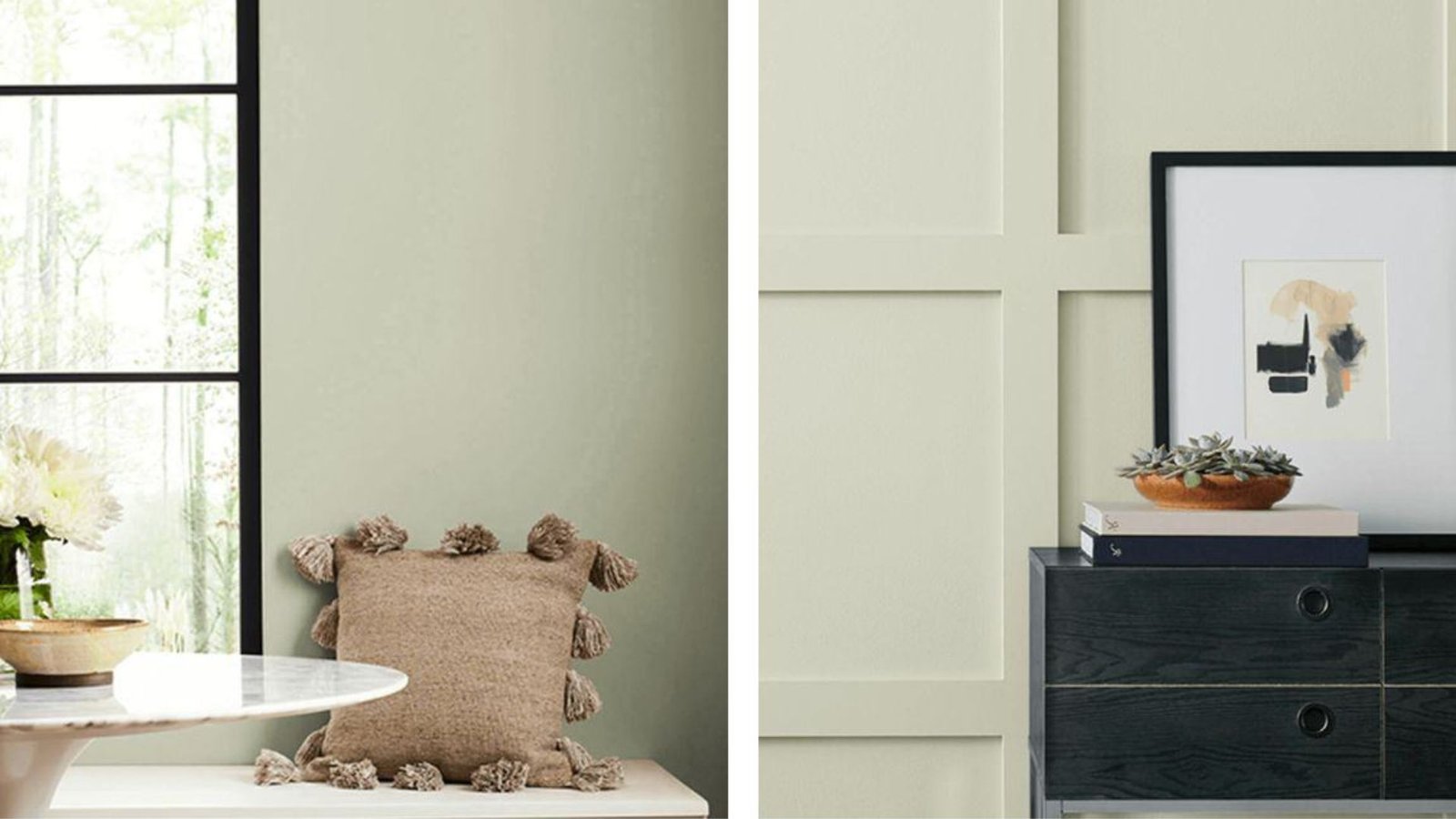 Modern interior with a soft green wall, a window with greenery outside, and a cozy beige pillow on a ledge. A dresser holds framed art and succulents. Cozy and serene ambiance.