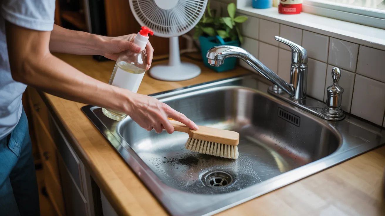 A person cleans a stainless steel sink with a brush and a spray bottle. Nearby is a small fan and potted plant, creating a tidy kitchen atmosphere.