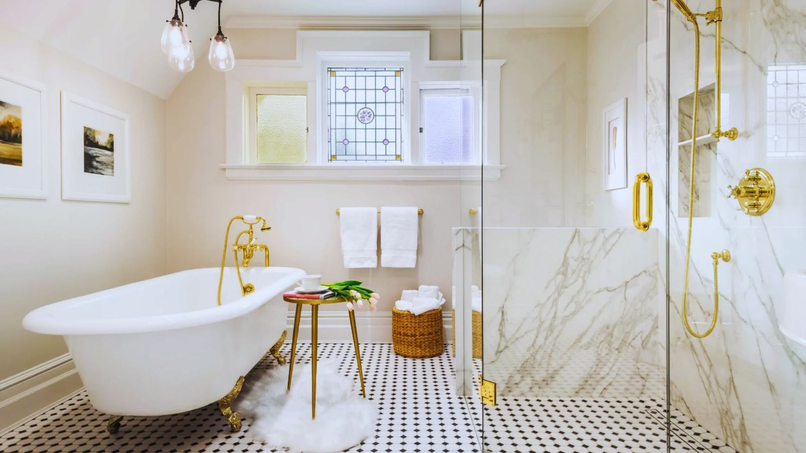 Elegant bathroom featuring a gold bathtub and a shower.